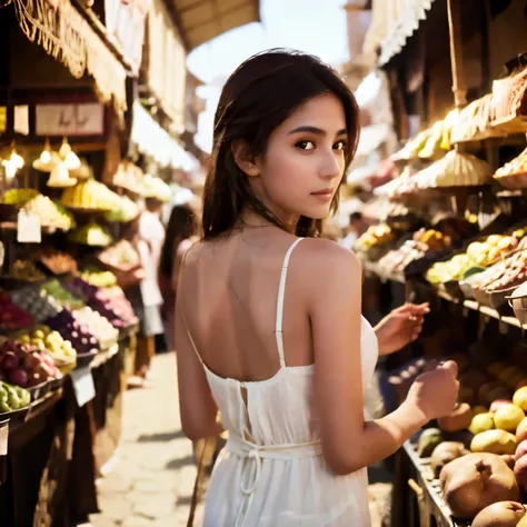 Capture Amina navigating a bustling Moroccan market with effortless grace. She is a vision of minimalist chic in a flowing white linen dress, cinched at the waist with a hand-woven belt. Her arms, adorned with delicate silver bracelets from local artisans,...