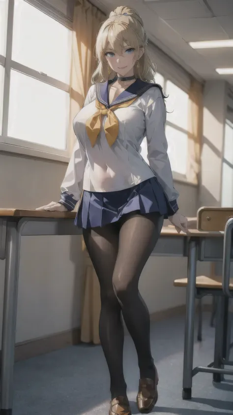 ((high school girl)),((school uniform)),((White blouse)),(((Pleated mini skirt))), ((A shy smile)),((Beautiful feet)),((Beautiful legs)),Ultra-high resolution, Mature Woman, Mature Woman, Very detailed, ((Big Breasts)), Perfect hands, Detailed fingers, Bea...