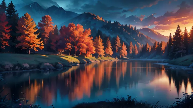 a serene red river winding through a lush landscape, glowing with intricate details, masterpiece, photorealistic, 8k, ultra-detailed, dramatic lighting, vibrant colors, atmospheric, cinematic, moody, epic scale, stunning scenery, picturesque, realistic wat...