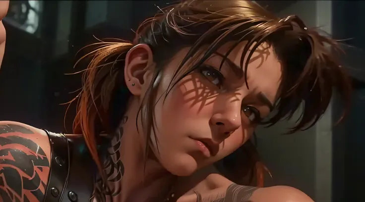 Revy from black lagoon, nude, neon lights, The artwork is rendered in an edgy and realistic style, with high attention to detail and sharp focus. The colors are vivid and contrasted, with a slight desaturation to create a moody atmosphere. shadowy highligh...