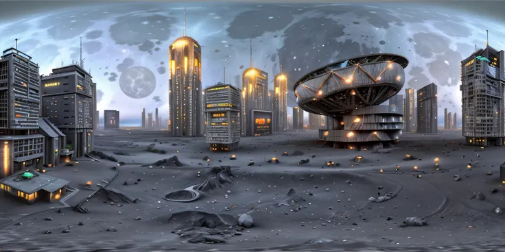 futuristic city on the moon, black sky, octane render, hyperdetailed, 360 degrees panorama, virtual reality