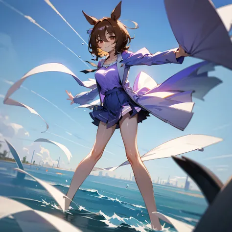 Agnes Tachyon, uma-musume, smile for viewer, skinny, arched back, BREAK, short hair, large breasts, narrow waist, short torso, (long skinny legs:1.2), tail, BREAK, (flapping too short skirt), purple shirts, collarbone, BREAK, blue sky, blowing wind