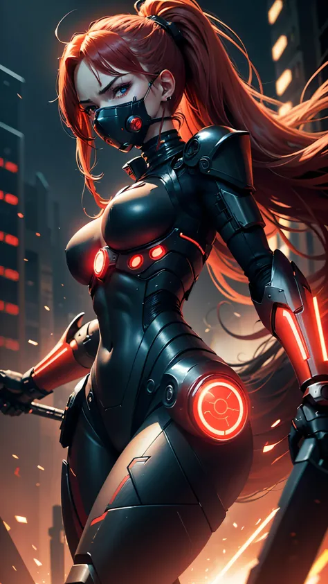 cyborg warrior girl in an attacking pose View from below, angle from below, flat horizon photo, Girl android , she has long red hair, hair tied up in a ponytail, she has a mask on her face, a respirator, a woman with sexy hips, half cyborg, technological m...