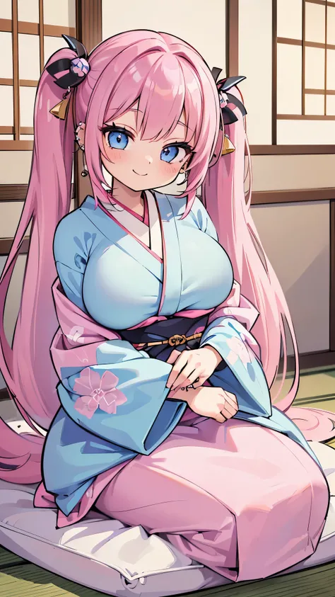 ((masterpiece、Highest quality、Super detailed)、((One girl))、((Pink Hair))、((Twin tails))、((Light blue eyes))、smile、((lots of piercings))、((Very large breasts))、((kimono))、seiza、Japanese style room background