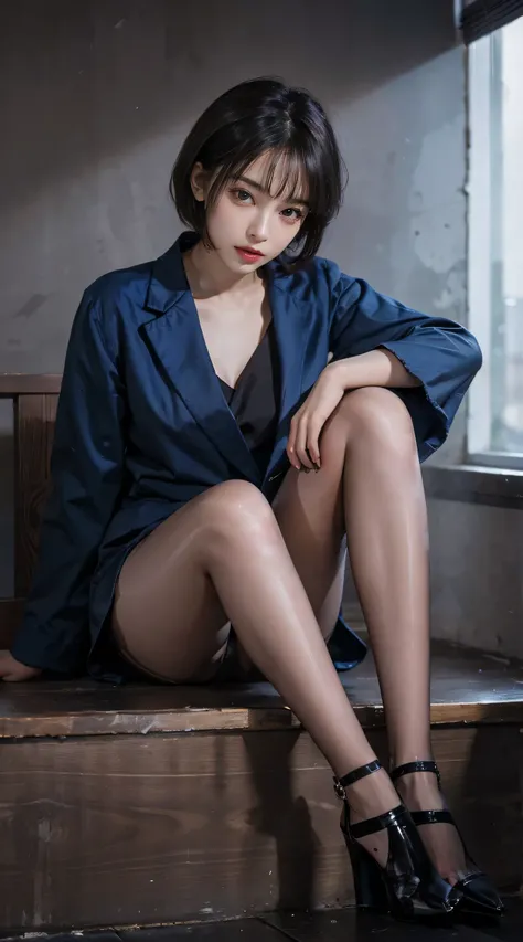 (8k, RAW Photos, 1 girl, Purple panties, Bobcut, suit, light blue skirt, High heels, Ultra-high resolution, Highest quality, masterpiece: 1.2), (Realistic photos), (very detailed cg Unity 8k wallpaper), wonderful, beautiful, wonderful, Ridiculous, Lace pan...