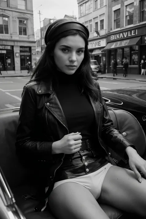 Black and white street photography captures the allure of an attractive woman, effortlessly elegant in a leather jacket and headscarf, seated within the vintage charm of a convertible car. The scene unfolds on the bustling streets of London, captured flawl...