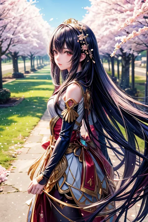 Create a beautiful picture of an anime girl with long, flowing hair, wearing a detailed superhero outfit. It stands in a picturesque landscape, which is surrounded by blooming cherry blossom trees. The scenery is dreamy and sparkling, with many small, glit...