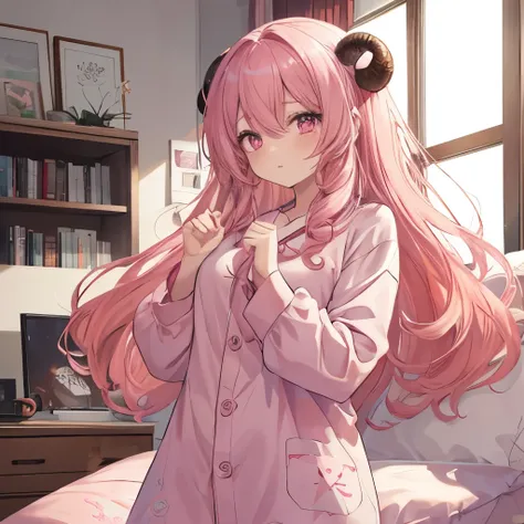 An anime-style illustration of ‘Fua-chan’ psyching herself up next to her futon in pajamas. Fua-chan has distinctive features: long pink hair styled in soft curls resembling sheep’s horns, and pink eyes. She is depicted standing next to her neatly made fut...