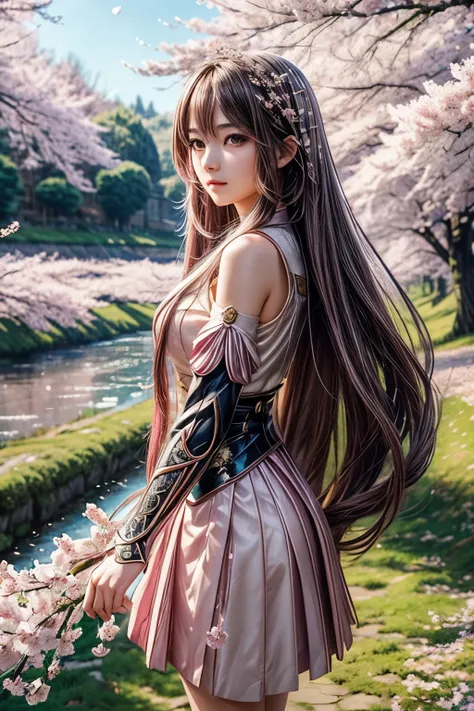 Create a beautiful picture of an anime girl with long, flowing hair, wearing a detailed superhero outfit. It stands in a picturesque landscape, which is surrounded by blooming cherry blossom trees. The scenery is dreamy and sparkling, with many small, glit...