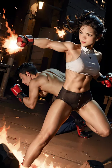 muscular girl fighting a guy with fire fists, perspective two vanishing points