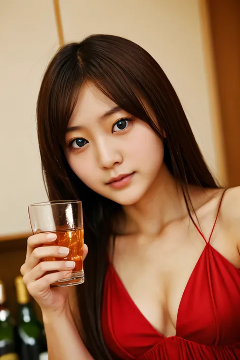 Japanese girl, red dress, brown hair, blue eyes, drinking liquor, 20 years old, beauty face