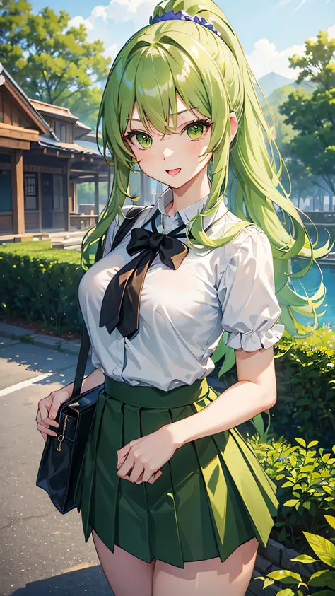 Yukana Yame, Yukana Yame, long hair, bangs, blonde hair, hair between eyes, (green eyes:1.5), ponytail, colorful hair, Scrunchie, High ponytail, Lipstick, gal, Kogal, compensate,break skirt, shirt, jewelry, , clavicle, white shirt, pleated skirt, collared ...