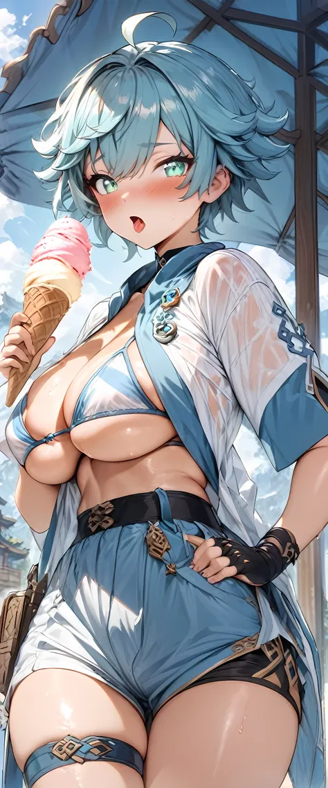 (masterpiece), best quality, expressive eyes, perfect face,1girl,chongyun,genshin impact,summer clothes,bikini under clothes,open shirt,big breasts,ice cream,holding ice cream,licking ice cream,blush,looking at viewer