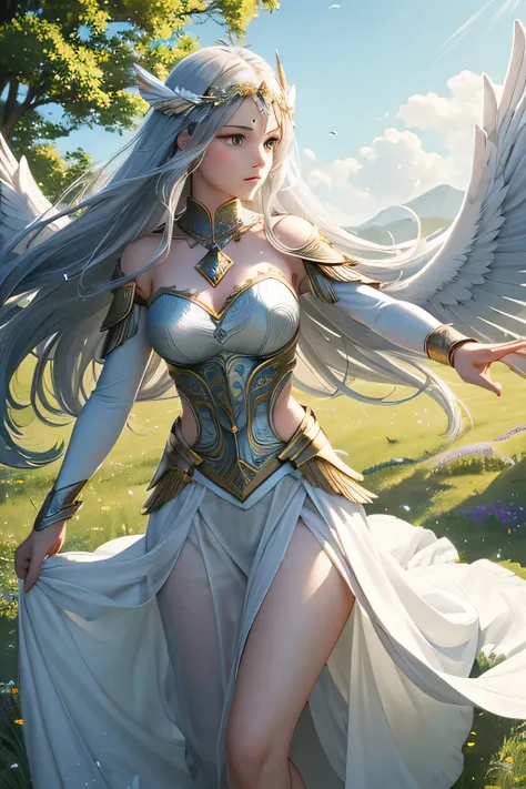 a beautiful valkyrie stands in a serene meadow bathed in daylight, performing a solemn dance to honor and send the souls of her ...