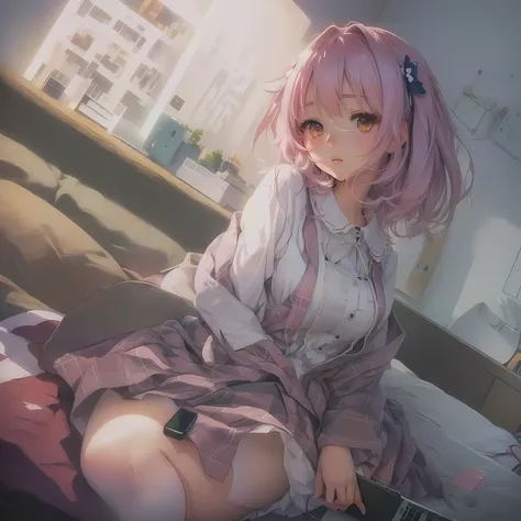 Anime girl sitting on bed with laptop in lap, Gwaiz, artwork in the style of Gwaiz, Gwaiz on pixiv artstation, Smooth anime CG art, Soft anime illustration, Gwaiz on artstation pixiv, Cute girl anime visuals, Beautiful and detailed anime art, sayori, Anime...