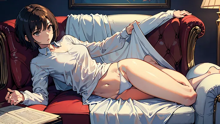 masterpiece,(Perfect Anatomy:1.5),from side, highest quality, a beautiful girl, slender, leggy, ((very short hair)), brown hair, (wear a white long sleeved shirt:1.5), white bikini panties , Perfect hands, Perfect body, reclining, lying on a sofa, throw he...