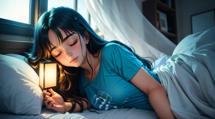 Imagine um suave, comforting illustration of a cute girl was sleeping in a comfortable bed, eyes locked, blue T-shirt. Long flowing hair. dark bedroom, except for the soft light emanating from a bedside lamp near the bed, That casts a warm glow on your pea...