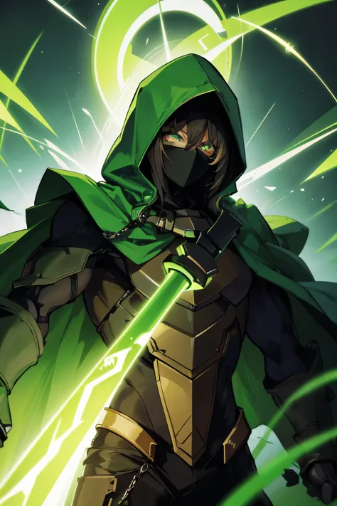 Human male wearing a green hood, Has a mysterious and dark face, Eyes glowing green, Bright landscape in the background  