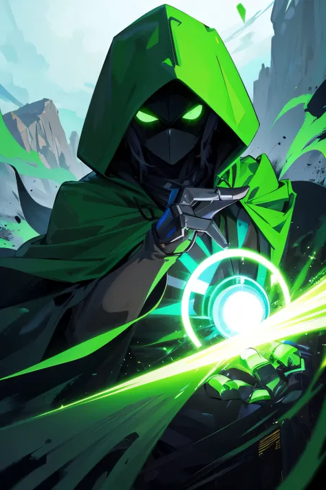 Human male wearing a green hood, Has a mysterious and dark face, Eyes glowing green, Bright landscape in the background  