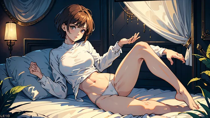 masterpiece,(Perfect Anatomy:1.5),from blow, highest quality, a beautiful girl, slender, leggy, ((very short hair)), brown hair, (wear a white long sleeved shirt:1.5), white bikini panties , Perfect hands, Perfect body, reclining, lying on a sofa, throw he...