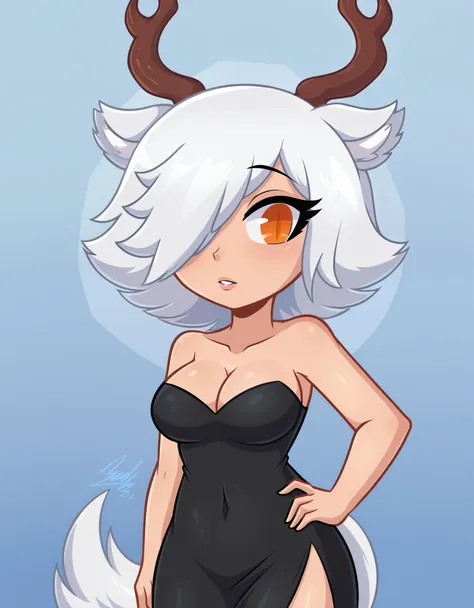 tirsiak, deer girl,antlers,white hair,animal ears,tail,hair over one eye,orange eyes,slit pupils,