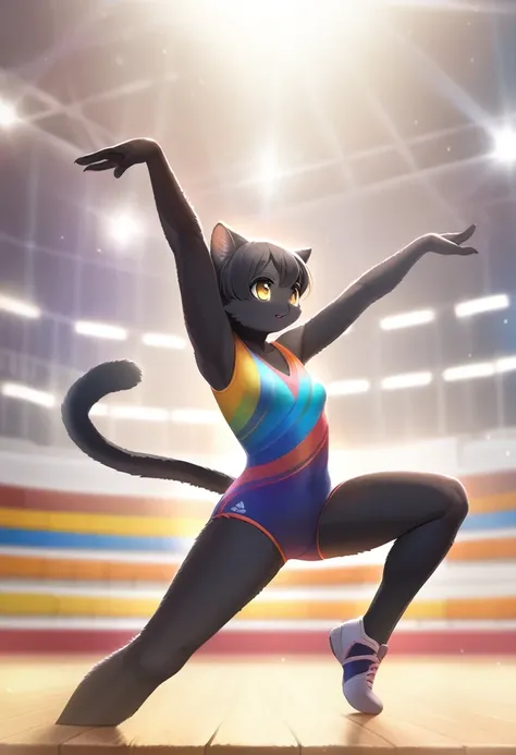 ((Masterpiece)), ((Best Quality)), (Very Detailed), ((Very Detailed)), 4K, (8K), very aesthetic, absurdres highres, 1 girl, (anthropomorphic Black cat, furry, kemono:1.5), A highly detailed image of a gymnast in a vibrant, colorful uniform, raising both ha...