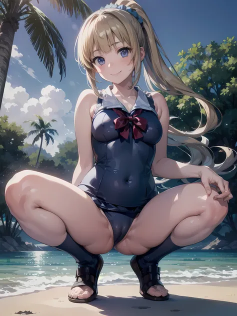 (NSFW:1.2), realistic, photo realistic:1.2), ((highest quality)), move the center of gravity backwards, pretty embarrassing, 1girl, kei karuizawa, (School swimsuit:1.2) Tiny breasts, (squat:1.4), put the heel on the ground, spread legs, squat with your kne...