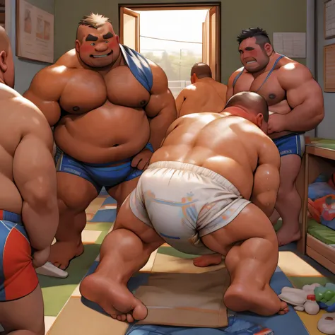 masterpiece, Top quality, in 32K, perfect anatomy, hyper detailed, super fine illustration, The thick man is a brutal retarded prisoner, hairy human, 50yo in Japan, (fatness: 1.0), Fatty muscle, Bowleg, disappointment, incontinent, shy, sissy, Weaker than ...