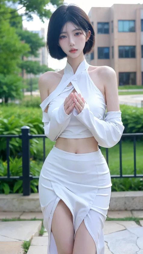 Beautiful woman with perfect figure:1.4，snow，Touching butt with both hands，snow背景，Layered Hairstyle，White skin，Prominent cleavage，Pleated Skirt，whole body，Very delicate face and skin texture，Double eyelids，Skin Whitening，Long white hair