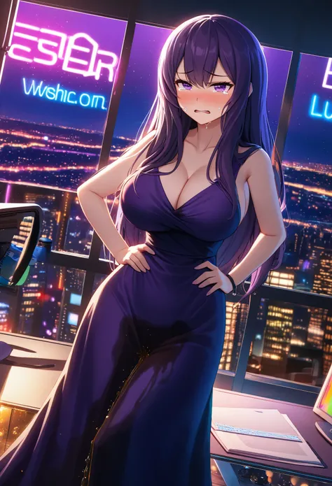 woman, very dark purple hair, purple eyes, long hair, large breasts, very long dress, very tight dress, standing straight, (wetting herself:1.5), best quality, ultra-detailed, HDR, studio lighting, professional, vivid colors, sharp focus, bokeh, landscape,...