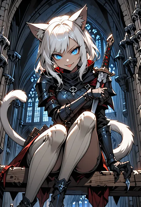 solo female, close up, short white hair, blue eyes, assassin, tongue out, cat tail, cat ears, slit pupils, sinister smile, light...