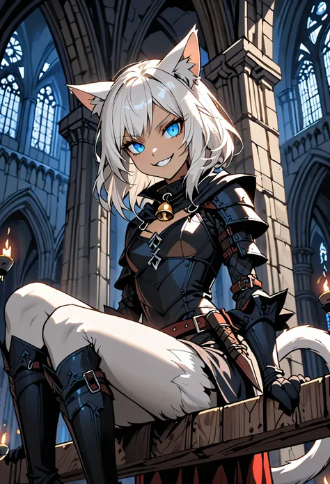 solo female, close up, short white hair, blue eyes, assassin, cat tail, cat ears, slit pupils, wide sinister smile, light armor:...