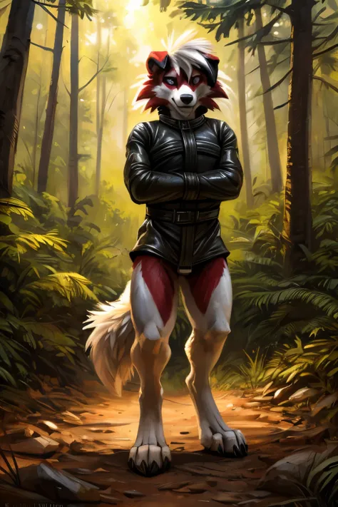 High quality photo, (full length portrait of lycanroc in straitjacket), looking at the viewer, Alone, forest, nature, detailed background, depth of field, by Kenket