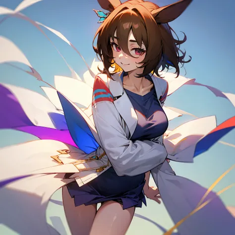 Agnes Tachyon, uma-musume, smile for viewer, skinny, arched back, BREAK, short hair, large breasts, narrow waist, short torso, (long skinny legs:1.2), tail, BREAK, (flapping too short skirt), thigh gap, white string panty, purple shirts, collarbone, BREAK,...