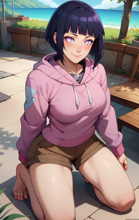 score_9, score_8_up, score_7_up, score_9, BREAK hinataSDXL, 1girl, solo, breasts, looking at viewer, blush, smile, short hair, bangs, black hair, long sleeves, closed mouth, purple eyes, thighs, outdoors, shorts, hood, blunt bangs, username, short short...