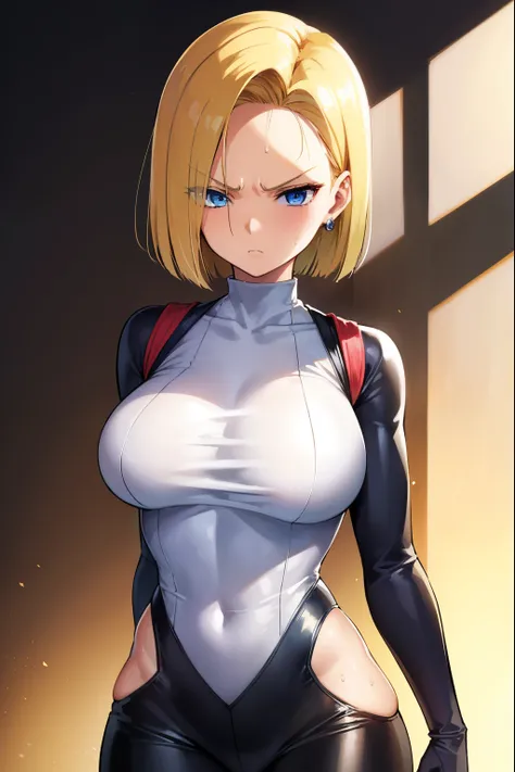 highest quality, high resolution, and18, 1 girl, android 18, alone, golden hair, blue eyes, short hair,earrings,big breasts, fro...