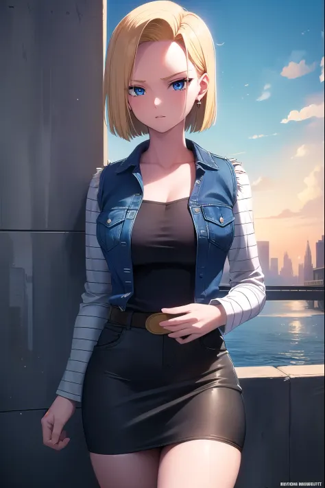 android18, android 18, blonde hair, blue eyes, eyelashes, hoop earrings, short hair, earrings,
break belt, black legwear, black ...