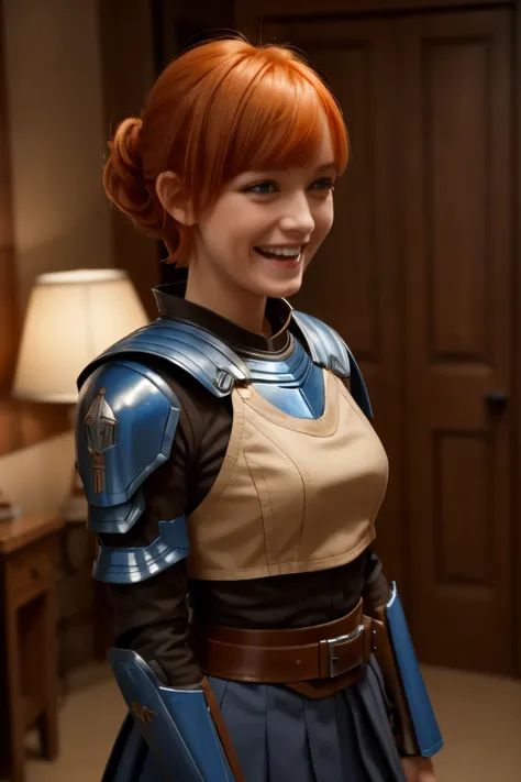 Masterpiece, best quality, Gwendolyn_tennyson, short orange hair, sideswept bangs, blue hairclip, laughing, blue body armor