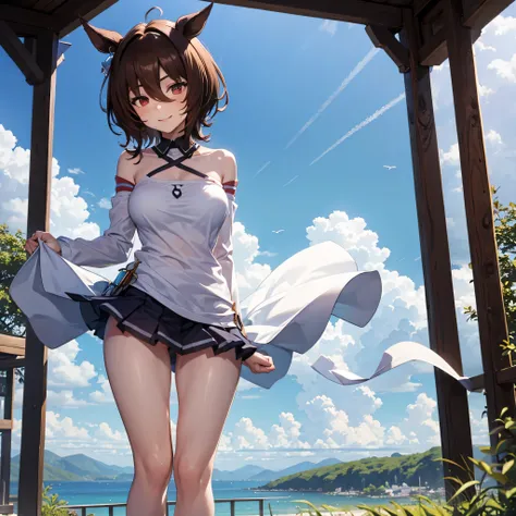 Agnes Tachyon, uma-musume, smile for viewer, skinny, arched back, BREAK, short hair, large breasts, narrow waist, short torso, (long skinny legs:1.2), tail, BREAK, (flapping too short skirt), thigh gap, white string panty, purple shirts, collarbone, bared ...