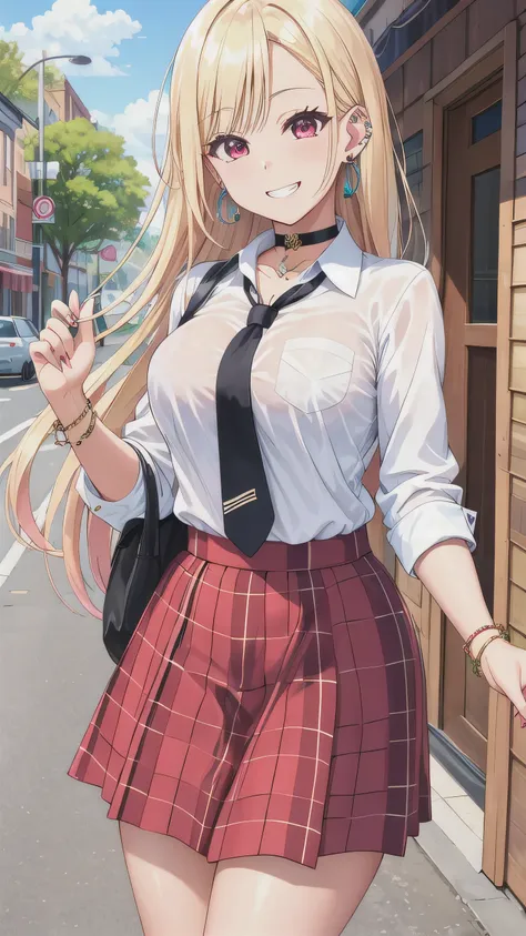 masterpiece, best quality, highres, kitagawa marin, 1girl, blonde hair, long hair, multicolored hair, red eyes, jewelry, earrings, piercing, , white shirt, tied shirt, black choker, blue necktie, plaid skirt, grin, smile, standing, cowboy shot, outdoors, 