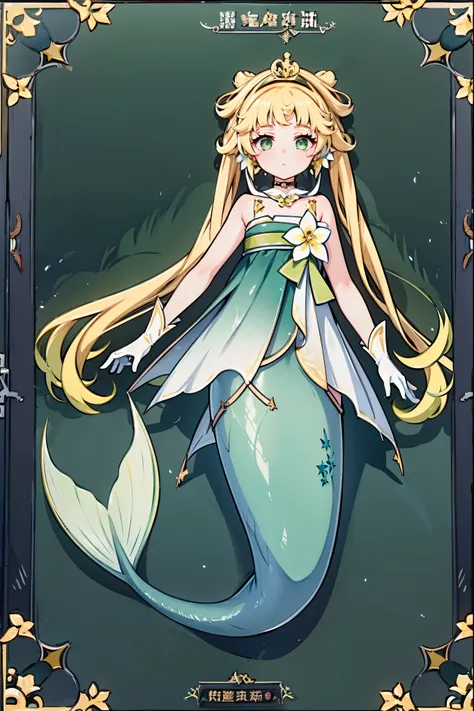 masterpiece, best quality,A girl,verinadef, blonde hair, hair ornament, very long hair, hair flower,sleeveless dress, green dress,band,gloves,bare shoulders, sleeveless, white gloves,Mermaid,金色的Mermaid尾巴,full-body shot,Lying in bed,Looking at the audience,