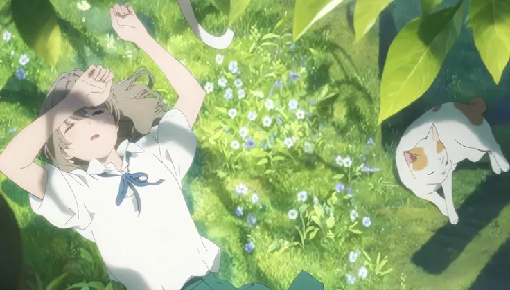Animation scene of a woman wearing a white shirt and green pants in a flower field, Anime movie screenshots, Anime movie stills, Anime stills film anime shikishi, Cute cat anime visuals, A still from the anime, Anime movie screenshots, Anime stills, todays...
