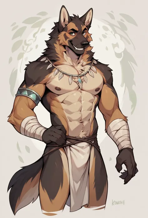 Anthropomorphic German Shepherd，character setting，Dark color scheme，The face is more human-like，Smile，White loincloth