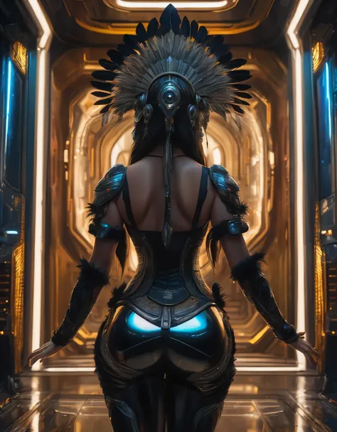 full body view from behind, oil painting style, spaceship interior, beautiful busty woman, black feather headdress, detailed face, detailed eyes, detailed lips, extremely detailed, intricate details, cinematic lighting, dramatic shadows, vivid colors, phot...