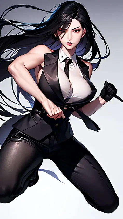 1 girl, 23 years old, long black hair, handsome face, sleeveless business suit, red tie,show cleavage, long black pants, black leather gloves,boxing stance, punching,high quality, masterpiece