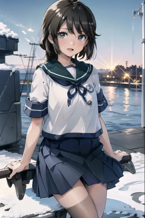 deep snow kc, isonami uniform, one girl, solo white seravuk, , short sleeve, skirt, blue skirt, twin blade, blue sailor collar, ...