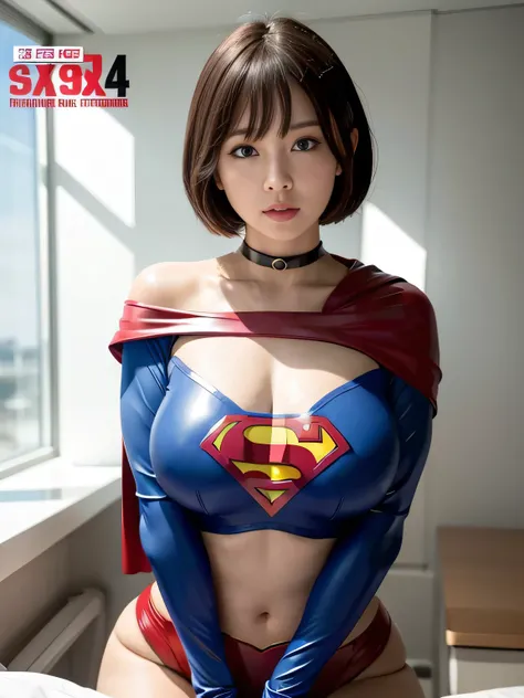 masterpiece、Rubber Supergirl Costume、Short Hair、Hospital operating table、Crisis situation、Big and ample breasts、looking at the camera、Shiny、Off the shoulder、choker、Long sleeve、exy poses to seduce、Sweaty skin、Model body type、Alluring、charm、Enchanting、Abused...