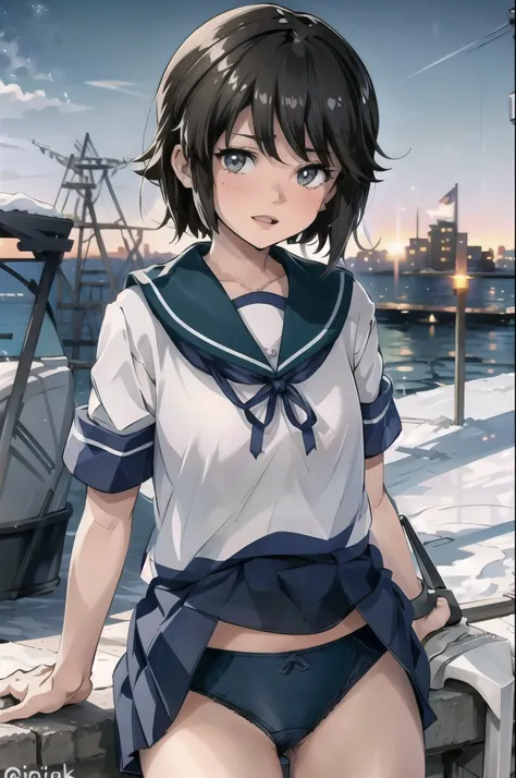 Deep Snow KC, Isonami Uniform, One girl, Solo White Seravuk, , Short sleeve, skirt, blue skirt, Twin Blade, Blue sailor collar, View your viewers,    port, port ,((panties))