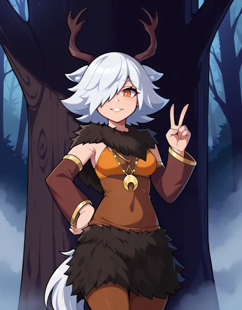 1girl,solo,deer girl,antlers,white hair,animal ears,tail,hair over one eye,orange eyes,slit pupils,crescent moon necklace,fur ca...