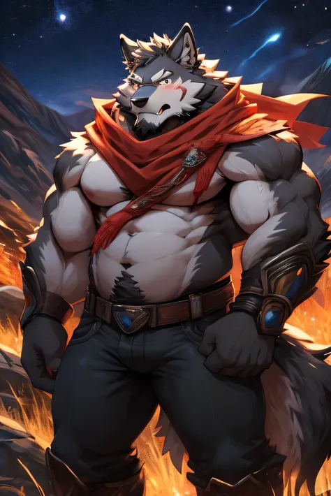 alone, fat muscular man, dad bod, belly, big pecs, ash grey hairy wolf, faded haircut ((black color)), big thick beard ((black color)), whiskers, amber eyes, ((red scarf)), ((glasses)), lightning on arms, electricity on arms, electric particles coming out ...